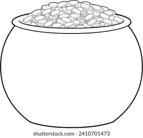 Outlined Cartoon St. Patrick Day Pot Full Of Gold Coins. Vector Hand Drawn Illustration Isolated On Transparent Background