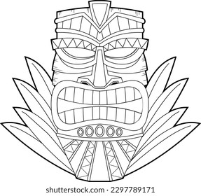 Outlined Cartoon Tiki Tribal Wooden Mask With Leaves. Vector Hand Drawn Illustration Isolated On Transparent Background