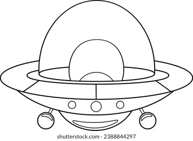 Outlined Cartoon UFO Flying Sauce. Vector Hand Drawn Illustration Isolated On Transparent Background