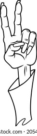 Outlined Cartoon Witch Hand Showing Peace Sign Gesture. Vector Hand Drawn Illustration Isolated On White Background