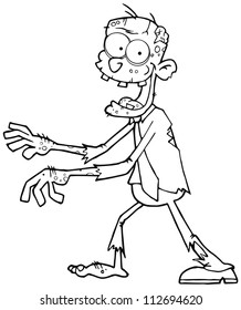 Outlined Cartoon Zombie Walking With Hands In Front