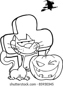 Outlined Cat And Winking Halloween Jackolantern Pumpkin By A Tombstone
