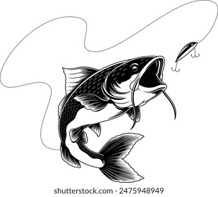 El Bagre Delineado Atrapando El Diseño gráfico De Señuelos De Pesca. Vector Dibujado A Mano Ilustración Aislado Sobre Fondo Transparente