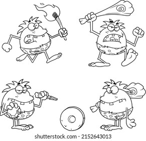 Caracteres de dibujos animados de Caveman esbozados. Conjunto De Colección De Dibujo A Mano Del Vector Aislado En Fondo Blanco
