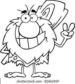 Outlined Caveman Gesturing The Peace Sign With His Hand.Vector Illustration