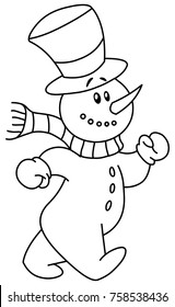 Outlined Cheerful snowman walking. Vector line art illustration coloring page.