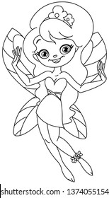 Outlined cheerful young fairy. Vector line art illustration coloring page.