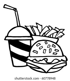 Outlined Cheeseburger With Cola And French Fries