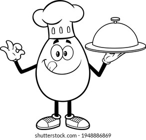 Outlined Chef Egg Cartoon Character character Gesturing Ok And Holding A Silver Platter. Vector Illustration Isolated On White Background