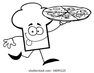 Outlined Chef Hat Guy Carrying Pizza Stock Vector (Royalty Free ...