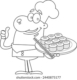 Outlined Chef Man Cartoon Character Holding Sushi Set Japanese Seafood And Giving The Thumbs Up. Vector Hand Drawn Illustration Isolated On Transparent Background