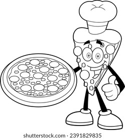 Outlined Chef Pizza Slice Cartoon Character Present The Best Pepperoni Pizza. Vector Hand Drawn Illustration Isolated On Transparent Background