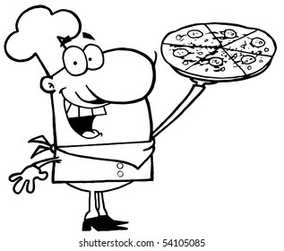 Outlined Chef Presenting His Pizza Pie