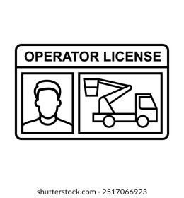 Outlined cherry picker operator license card vector illustration. Industrial safety management for transport. Authorized driver for operating the vehicle and heavy equipment.