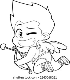 Outlined Chibi Cupid Baby Cartoon Character With Bow And Arrow Winking. Vector Hand Drawn Illustration Isolated On Transparent Background