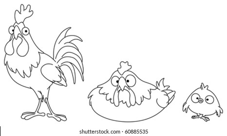Outlined chicken family. Vector line art illustration coloring page.