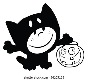 Outlined Child Dressed In Cat Suit And Pumpkin In Hand