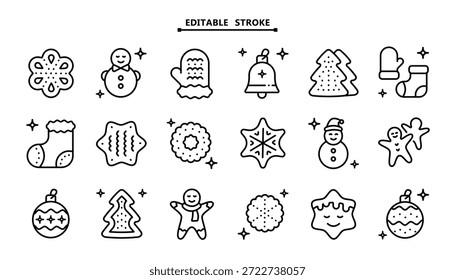 Outlined Christmas biscuits collection. Simple icons featuring customizable vector paths. Christmas festive elements, bringing holiday cheer and wintertime spirit.