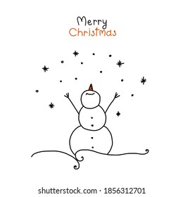 Outlined Christmas card with snowmen and snowflakes. Merry christmas postcard hand drawn. Minimalism.