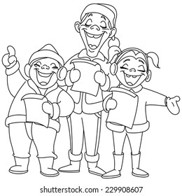 Outlined Christmas carolers. Vector illustration coloring page.