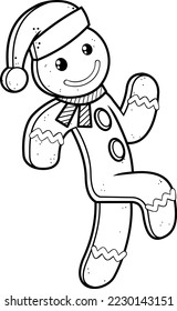 Outlined Christmas Gingerbread Man Cartoon Character Running. Vector Hand Drawn Illustration Isolated On Transparent Background