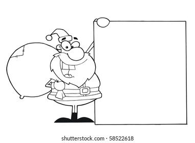 Outlined Christmas Santa Clause Presenting A Blank Sign