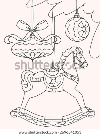 Outlined Christmas tree ornaments featuring a classic rocking horse and baubles. A seasonal line art illustration ideal for coloring pages, childish designs, and holiday decoration concepts