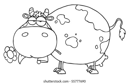 Outlined Chubby Cow Eating A Daisy Flower