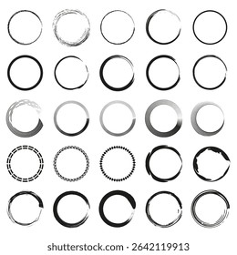 Outlined circle set. Monochrome round vector. Abstract ring shapes. Thin black contour.