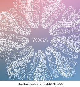 Outlined circular geometric symmetrical ornament over colorful blurred background yoga title