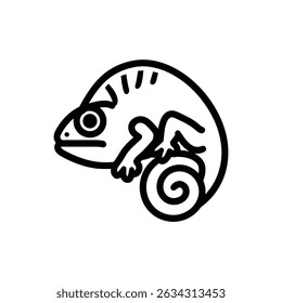 Outlined in clean, thick lines, the chameleon is depicted with a prominent eye and a spiraled tail, embodying simple sophistication on a transparent background.