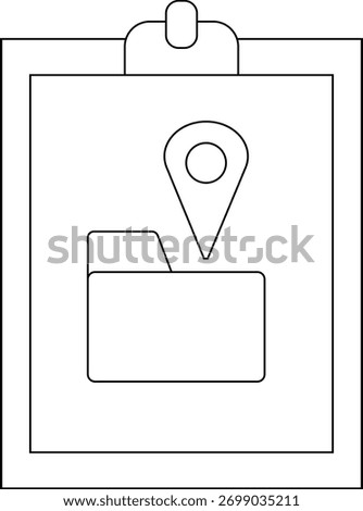 Outlined clipboard displays a file folder and location pin icon on white background