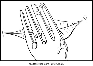 Outlined close up cartoon of mouth in front of dirty fork