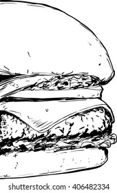 Outlined close up view on delicious cheeseburger with tomato, lettuce and onion on bun