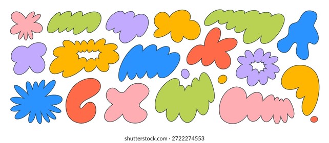 Coleção de formas planas de bolhas de nuvem com contorno. Formas e formas onduladas irregulares e coloridas. Ícones excêntricos, bolhas orgânicas abstratas assimétricas. Bolhas de fala e bolhas com contorno.