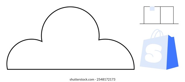 An outlined cloud shape with a shopping bag displaying an S and a package box. Ideal for e-commerce, cloud storage, online shopping, digital marketplace, and logistics. Modern minimal design style