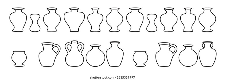 Coleção delineada de vários vasos decorativos de cerâmica e vasos cerâmicos em formato vetorial