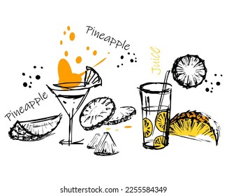 Outlined and color doodle pineapple vector illustration. Pineapple sketch set. Food and drink symbol, hand drawn juicy fruit. Hand drawing style. Retro flat sign