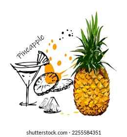 Outlined and color doodle pineapple vector illustration. Pineapple sketch set. Food and drink symbol, hand drawn juicy fruit. Hand drawing style. Retro flat sign