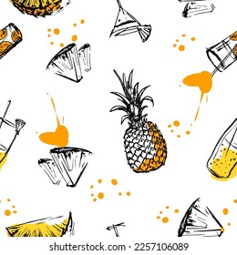 Outlined and color doodle pineapple vector illustration. Pineapple sketch set. Food and drink symbol, hand drawn juicy fruit. Hand drawing style. Retro flat sign 