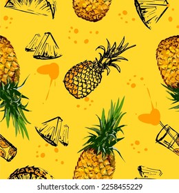 Outlined and color doodle pineapple vector illustration. Pineapple sketch set. Food and drink symbol, hand drawn juicy fruit. Hand drawing style. Retro flat sign 