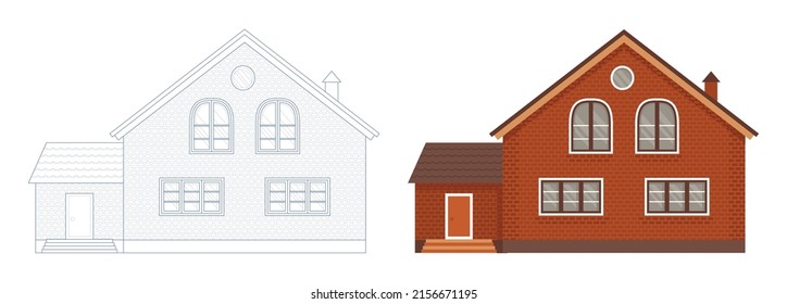 Outlined and colored brown house. Coloring page outline of home. Buildings project style. Vector village or city house.