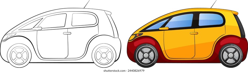 Outlined and colored compact car drawings side by side.
