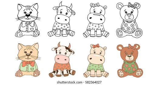 Outlined and colored cute cow, cat, teddy bear, hippo. Coloring page for kids. Vector illustration