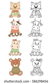 Outlined and colored cute cow, cat, teddy bear, hippo. Coloring page for kids. Vector illustration