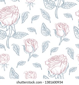 outlined colored hand drawn roses in white background. Seamless vector pattern.