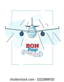 Outlined colored illustration of plane in the sky with text bon voyage in logo, white background