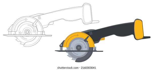 Outlined and colored mini circular saw with steel toothed disc. Vector flat icon of woodworking tool. Electric hand tool for cutting wood or metal. Building equipment.