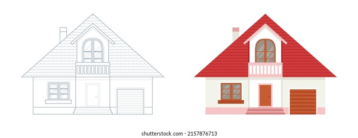Outlined and colored pink house. Coloring page outline of home. Buildings project style. Vector village or city house.