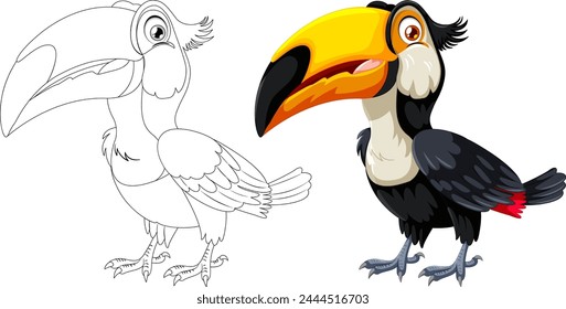 Outlined and colored toucan side by side.